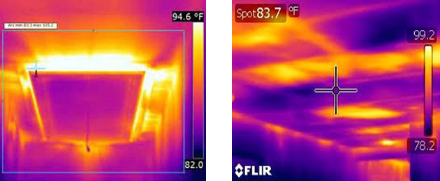 Infrared image of ceiling in summer shows gaps in attic insulation